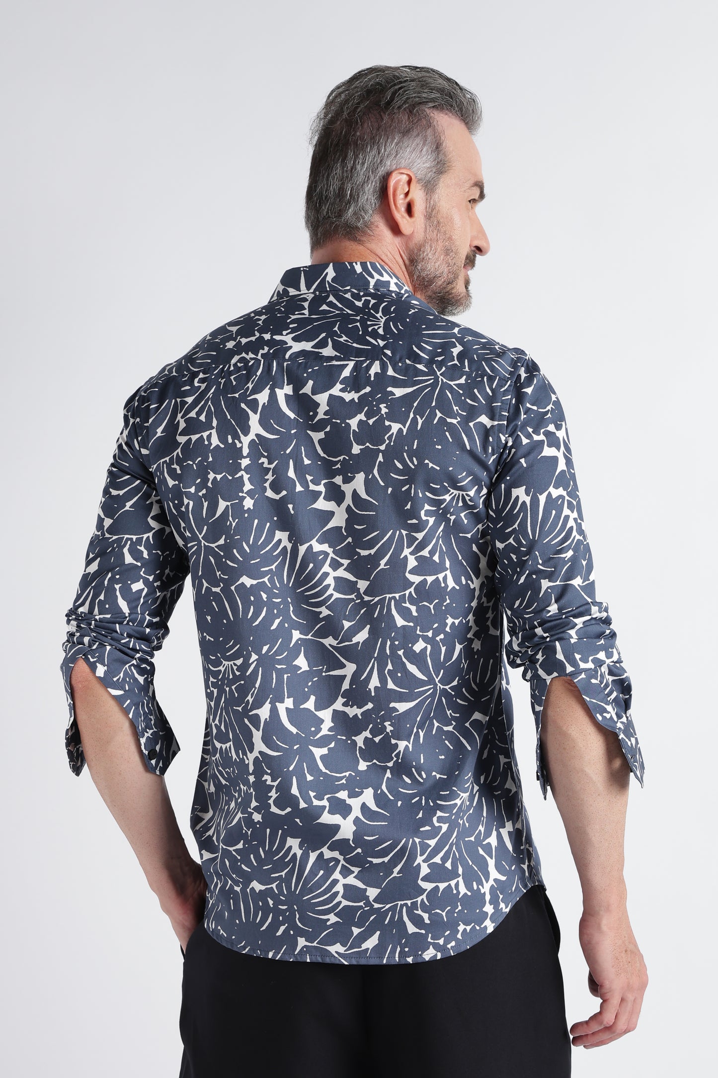 Grey White Floral Print Shirt - Slim Fit Party Wear