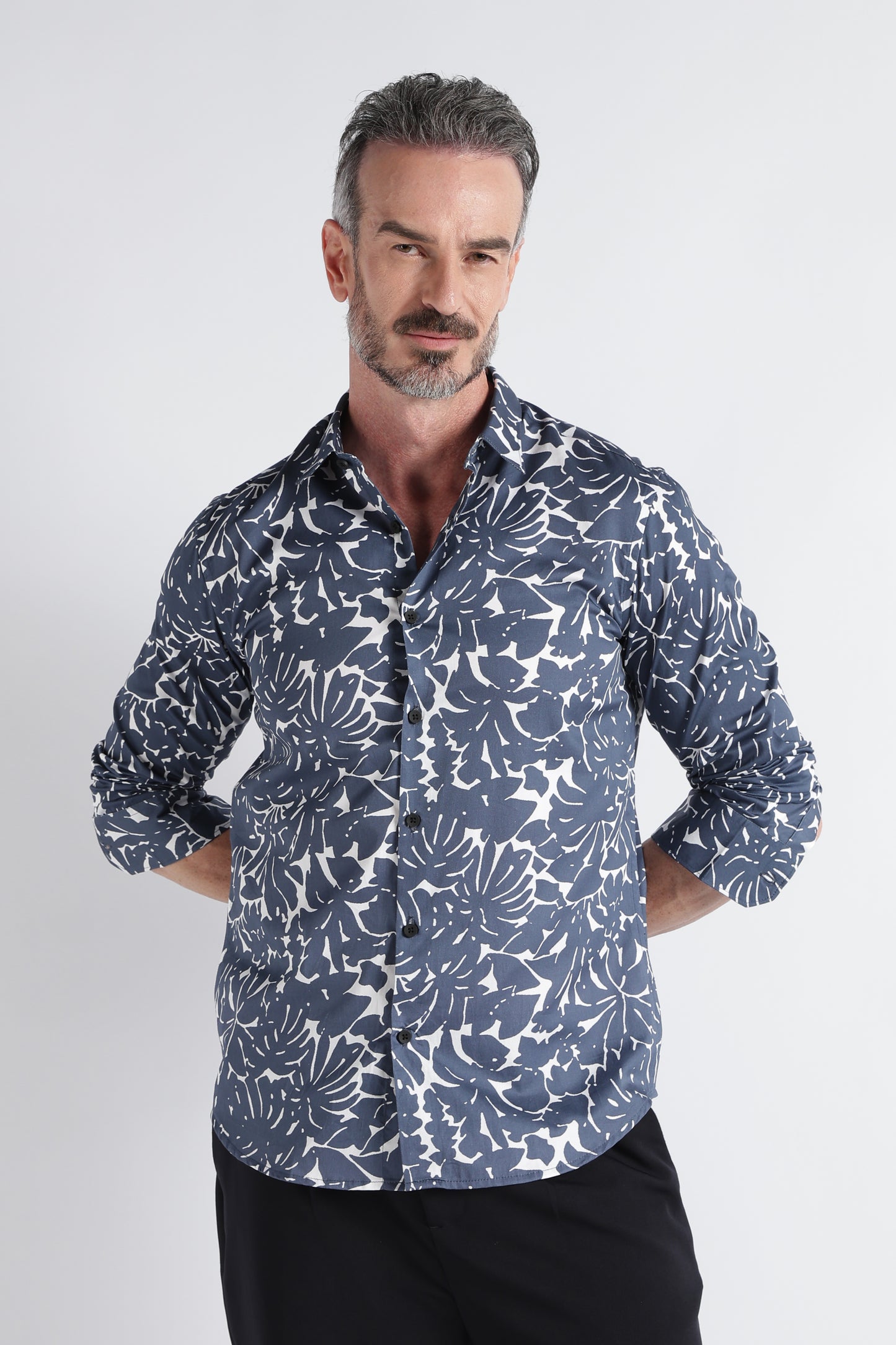 Grey White Floral Print Shirt - Slim Fit Party Wear
