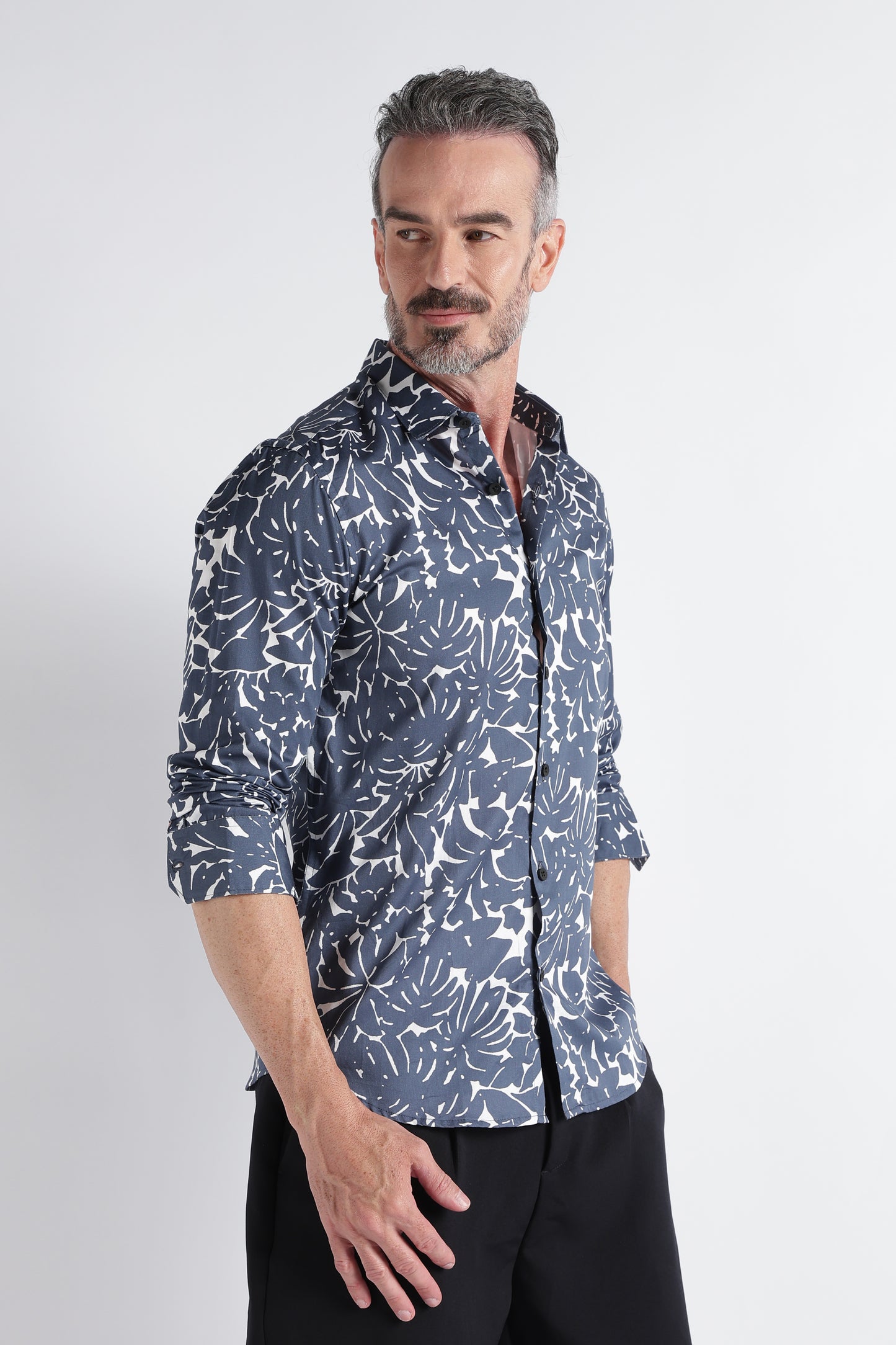 Grey White Floral Print Shirt - Slim Fit Party Wear