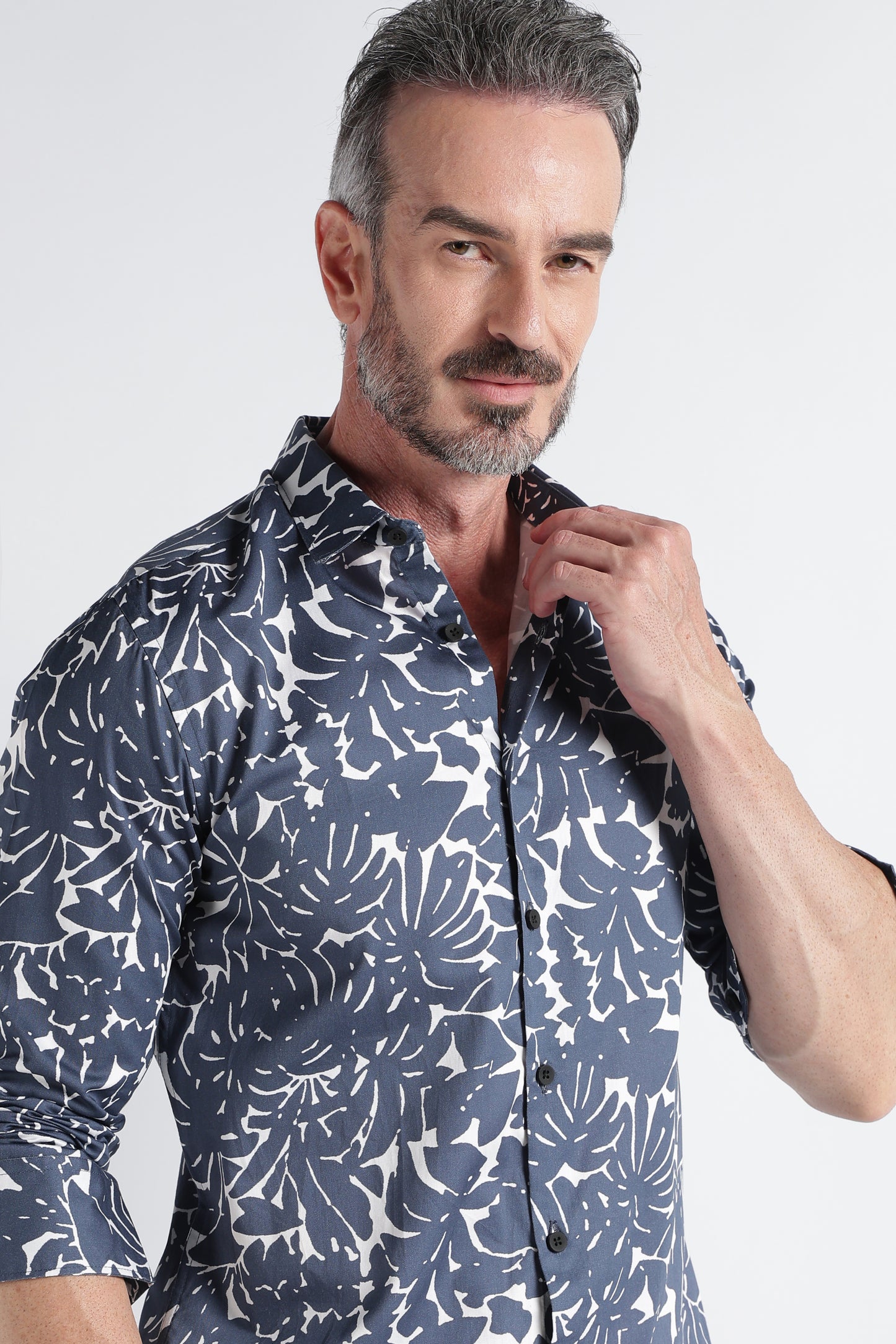 Grey White Floral Print Shirt - Slim Fit Party Wear