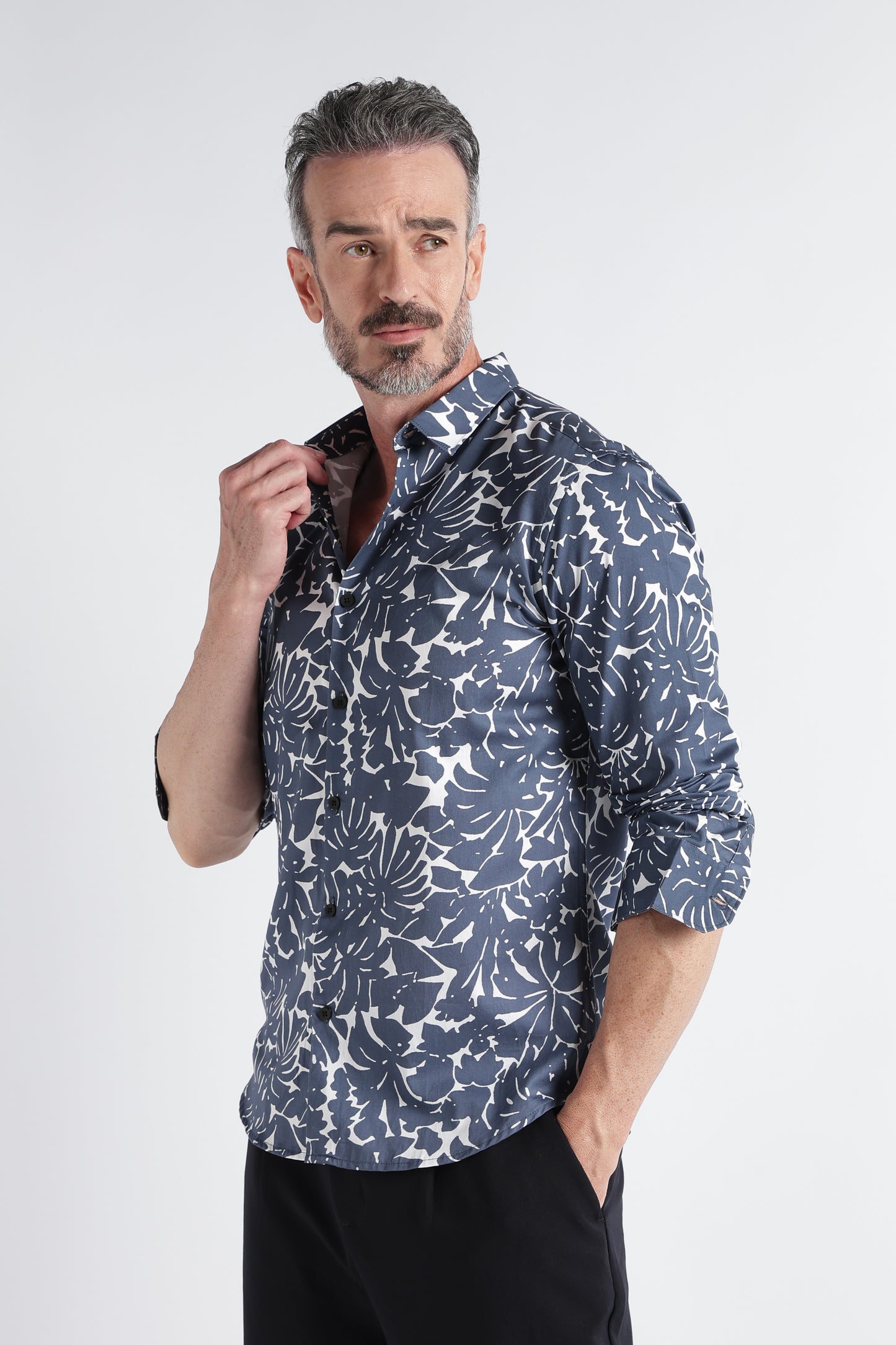 Grey White Floral Print Shirt - Slim Fit Party Wear