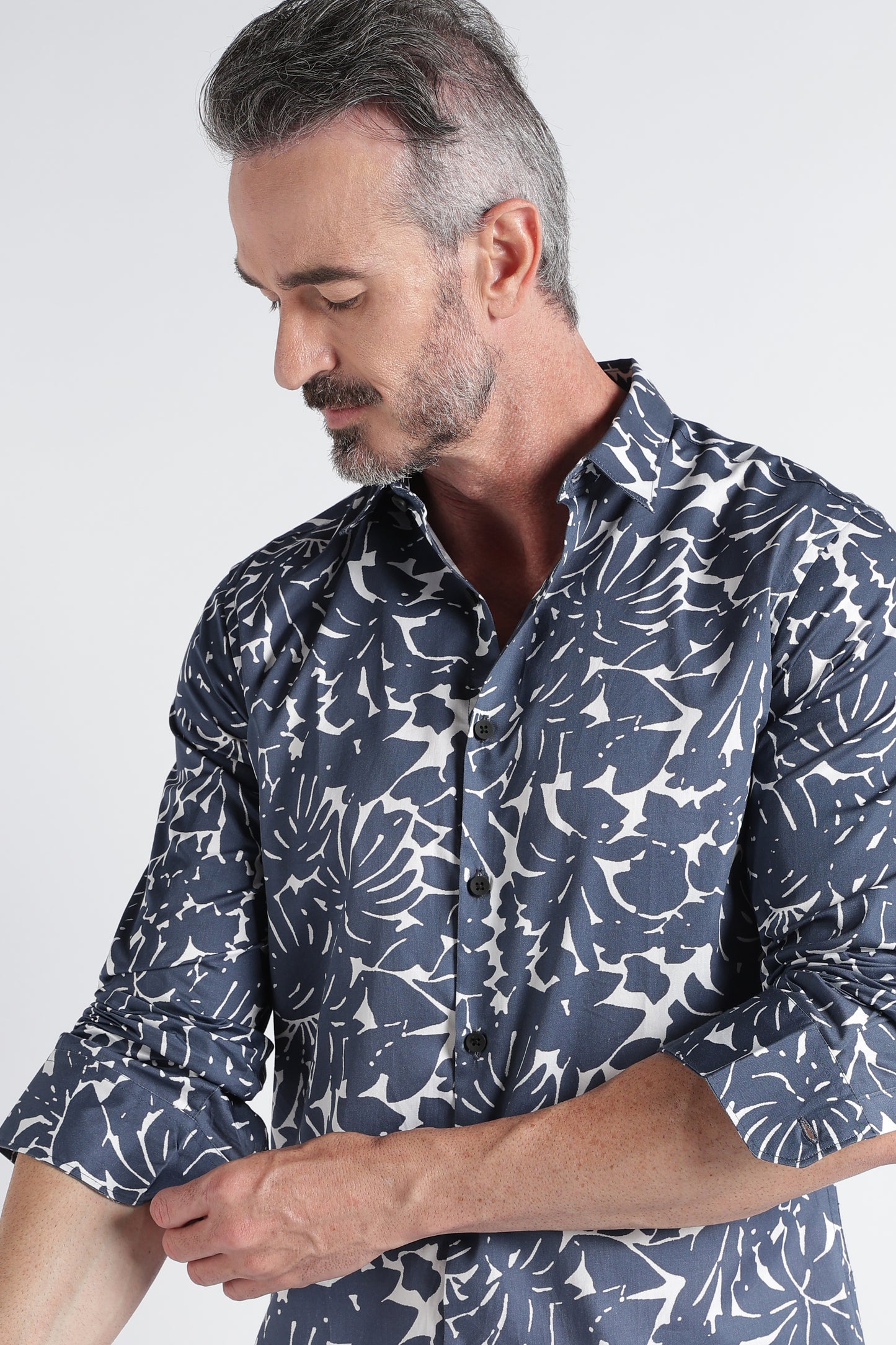 Grey White Floral Print Shirt - Slim Fit Party Wear