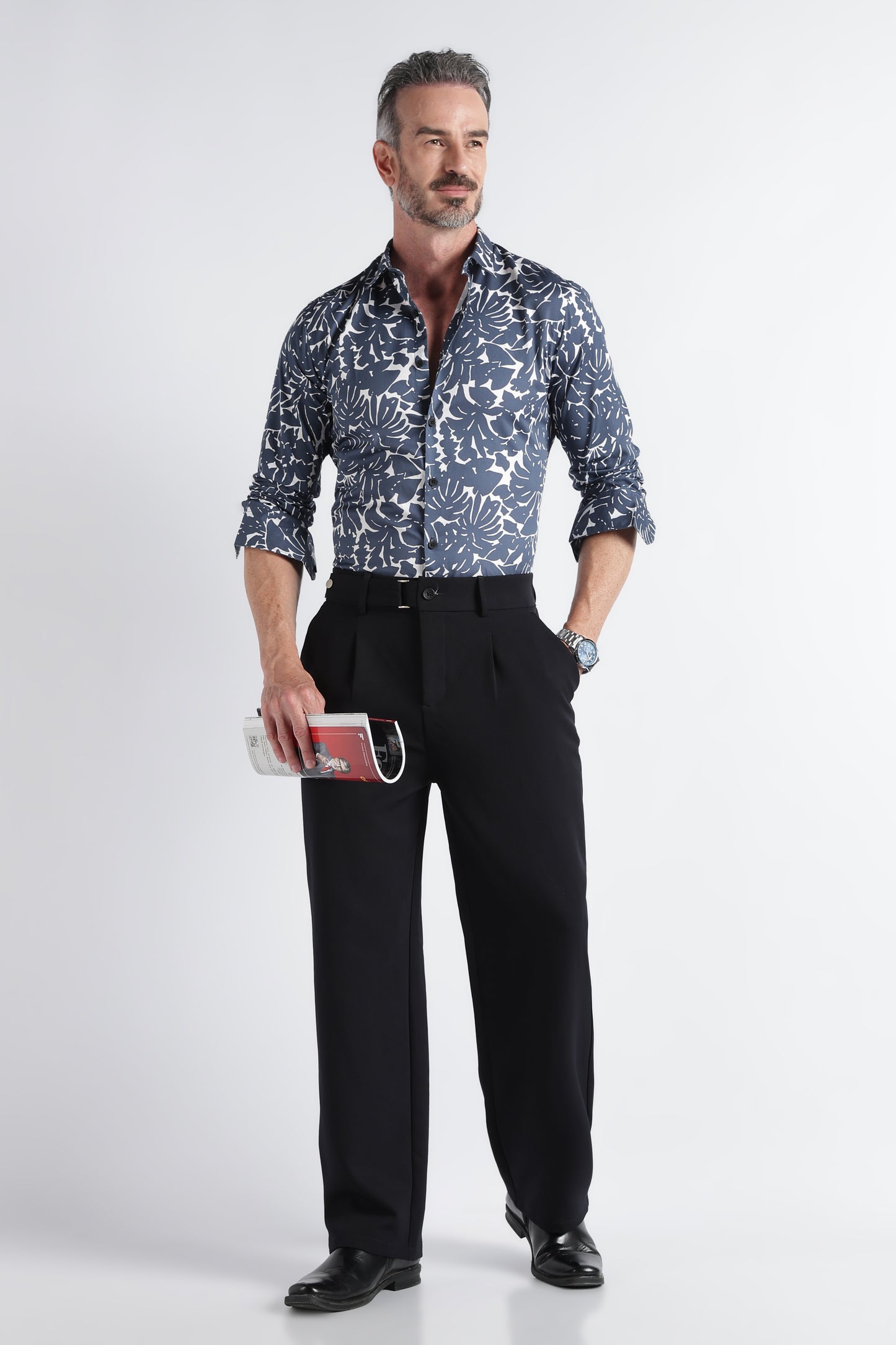Grey White Floral Print Shirt - Slim Fit Party Wear
