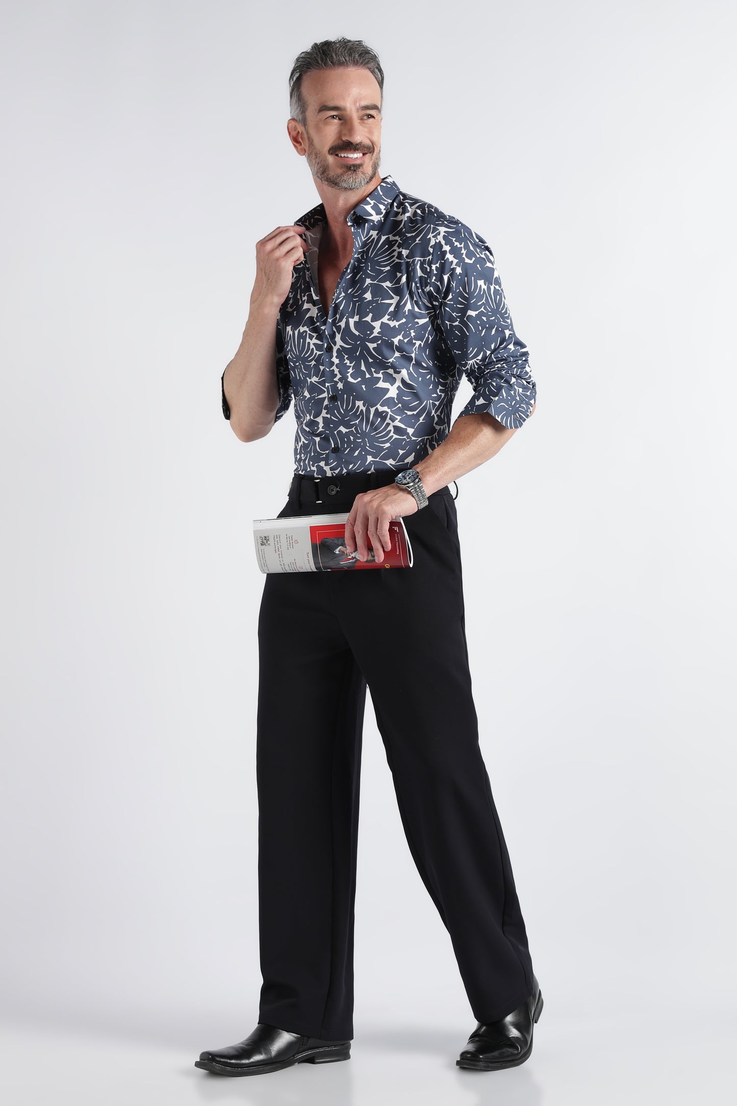 Grey White Floral Print Shirt - Slim Fit Party Wear