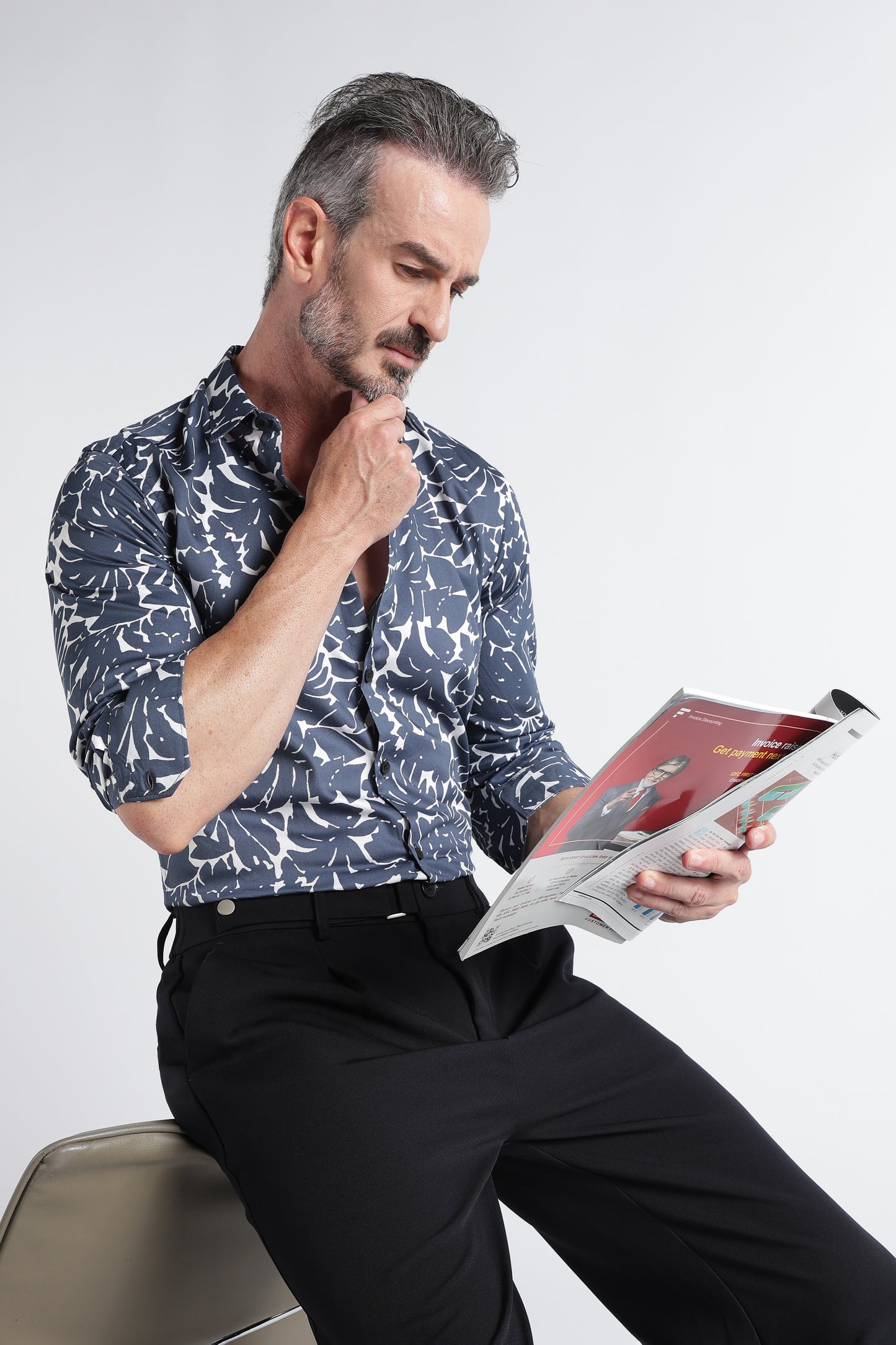 Grey White Floral Print Shirt - Slim Fit Party Wear