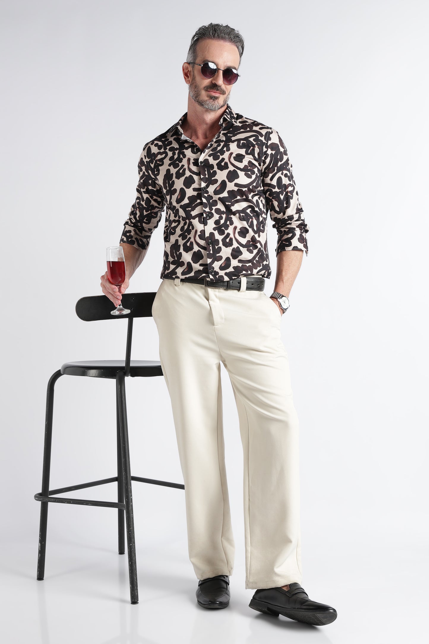 Beige Black Floral Print Shirt - Slim Fit Party Wear