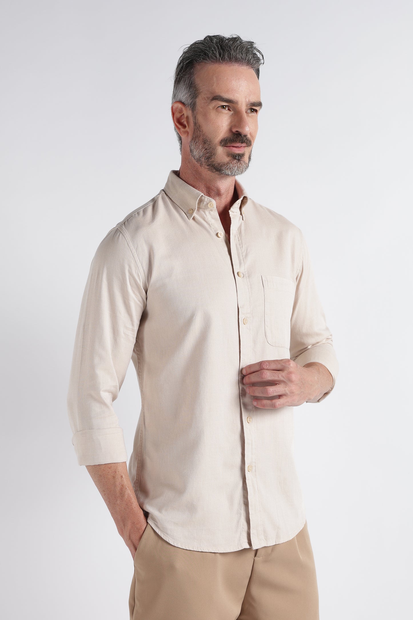 Beige Solid Shirt - Slim Fit Casual