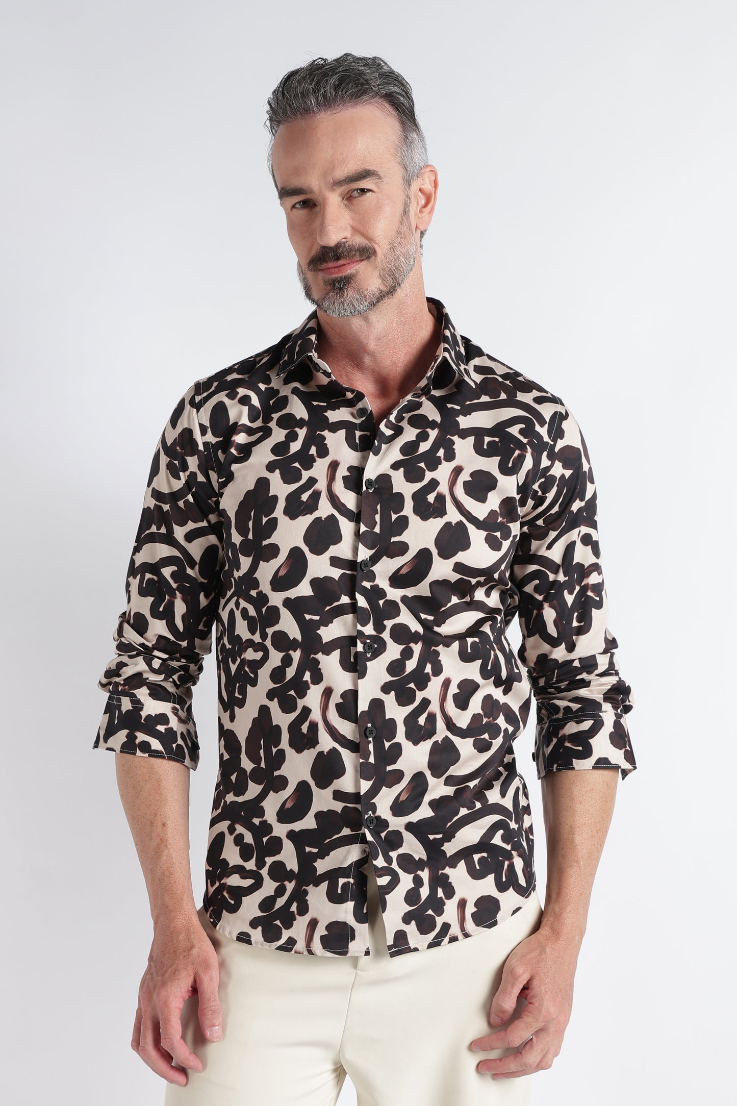 Beige Black Floral Print Shirt - Slim Fit Party Wear