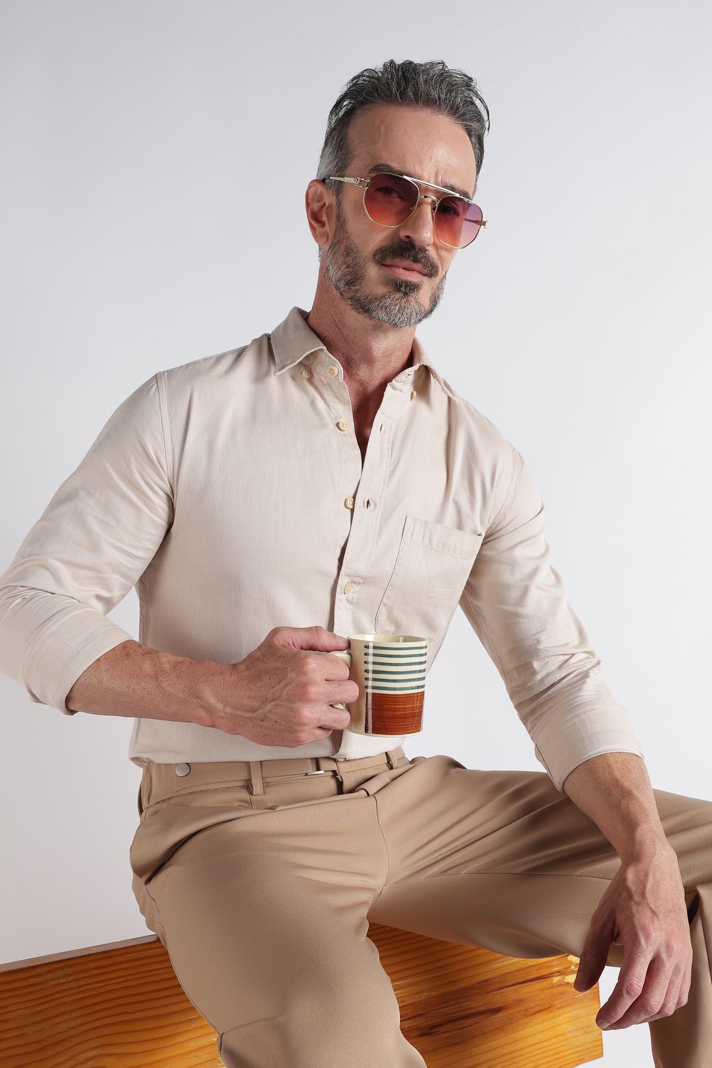 Beige Solid Shirt - Slim Fit Casual