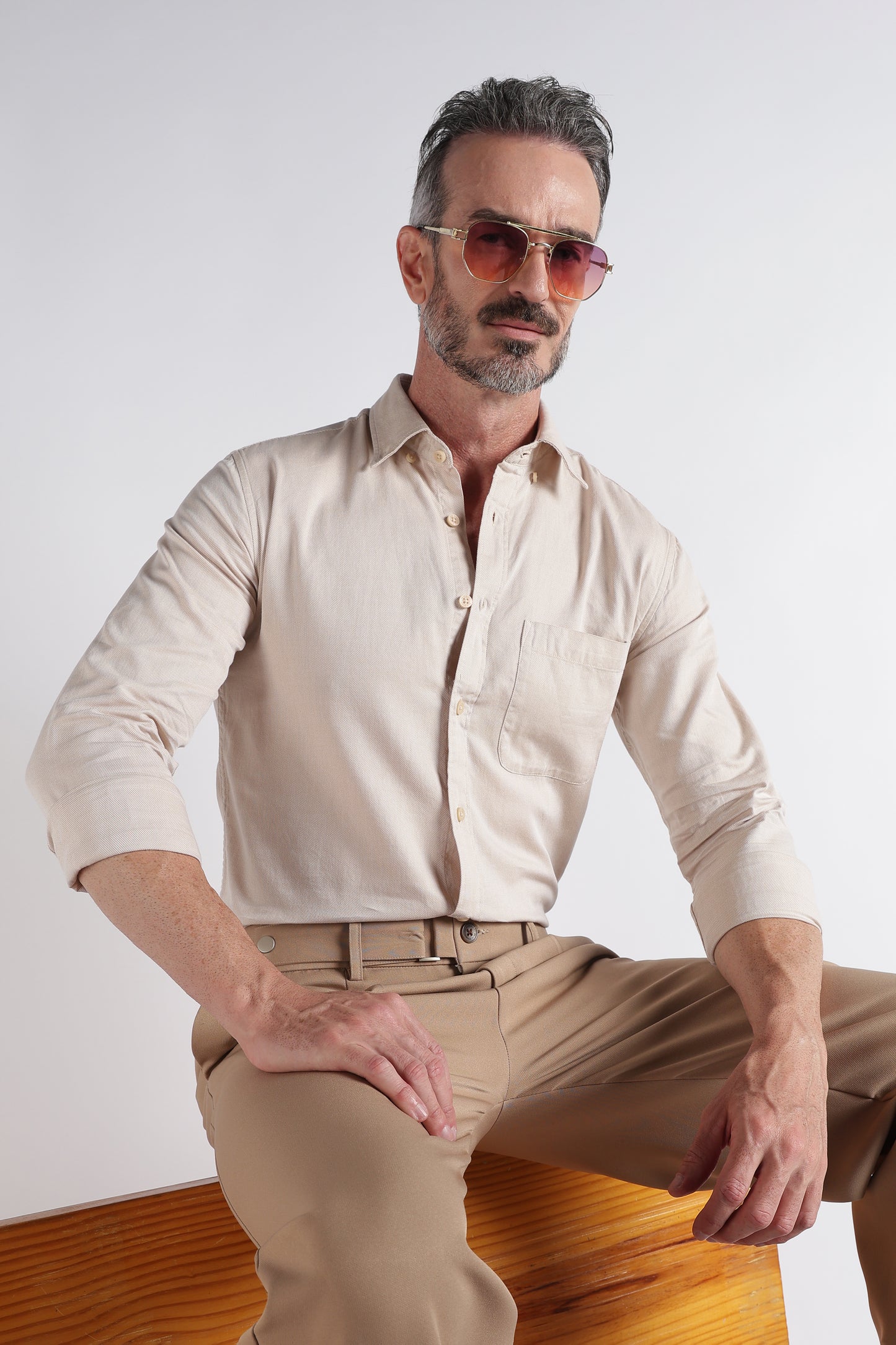 Beige Solid Shirt - Slim Fit Casual