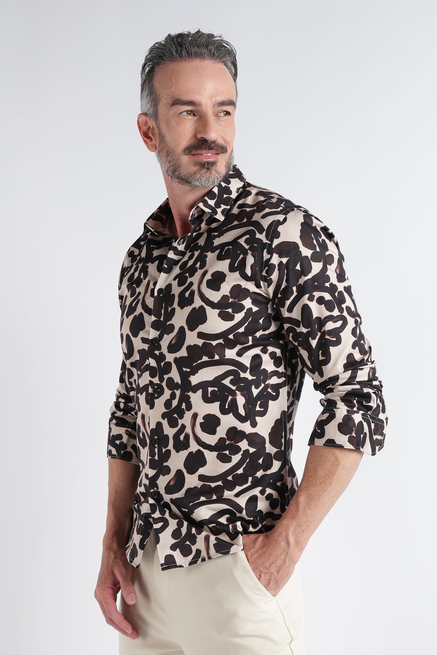 Beige Black Floral Print Shirt - Slim Fit Party Wear
