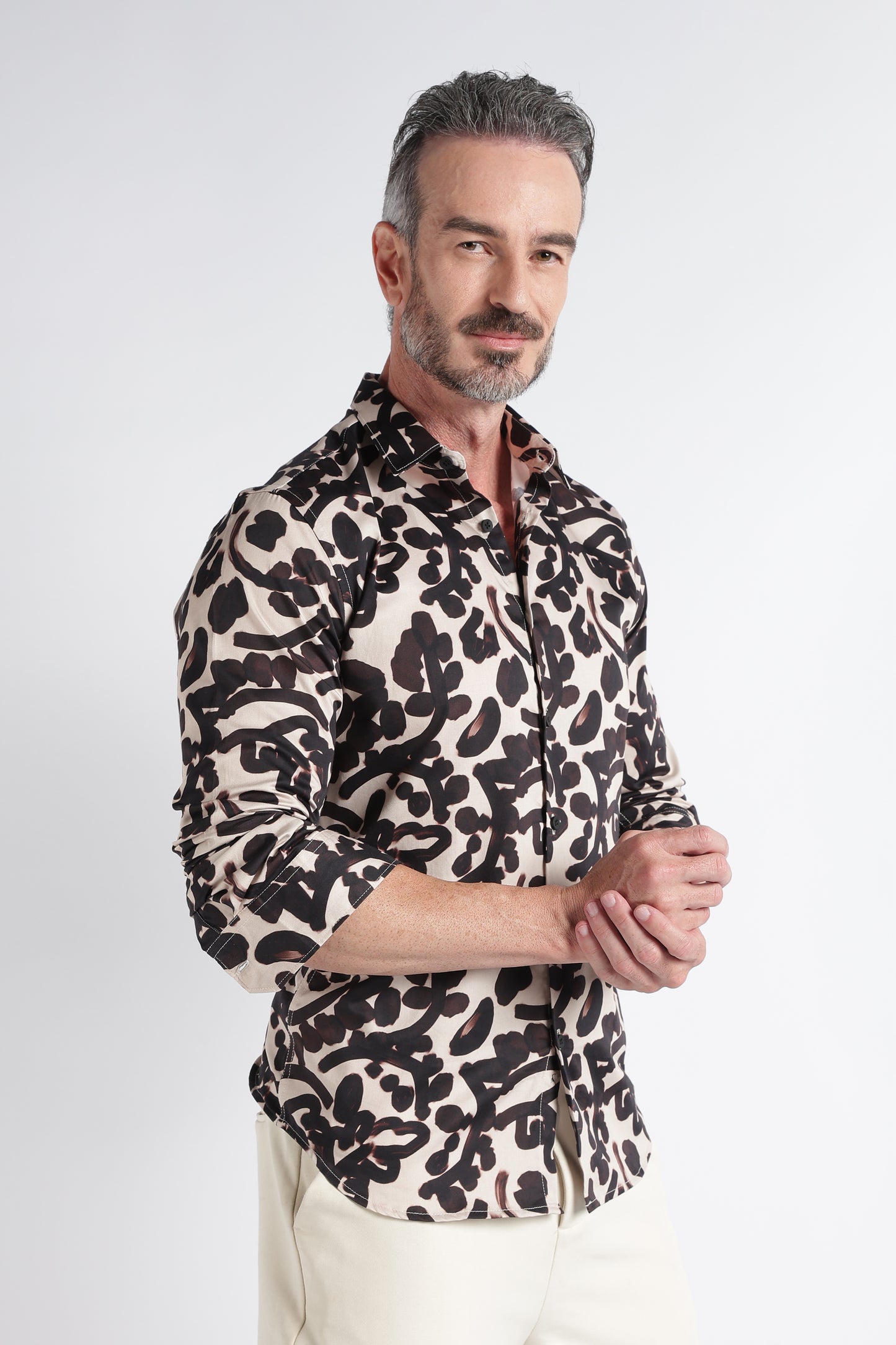Beige Black Floral Print Shirt - Slim Fit Party Wear