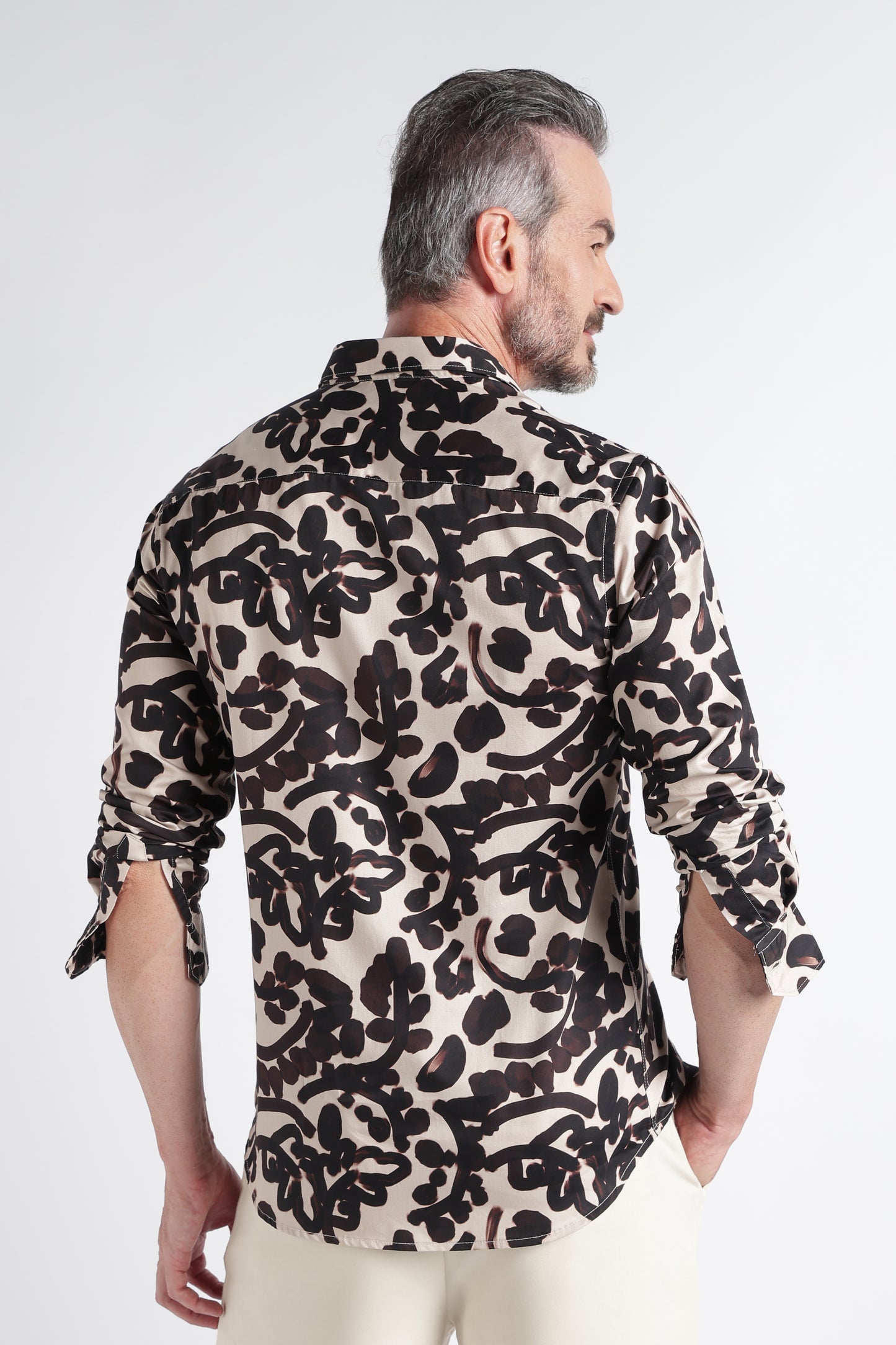 Beige Black Floral Print Shirt - Slim Fit Party Wear