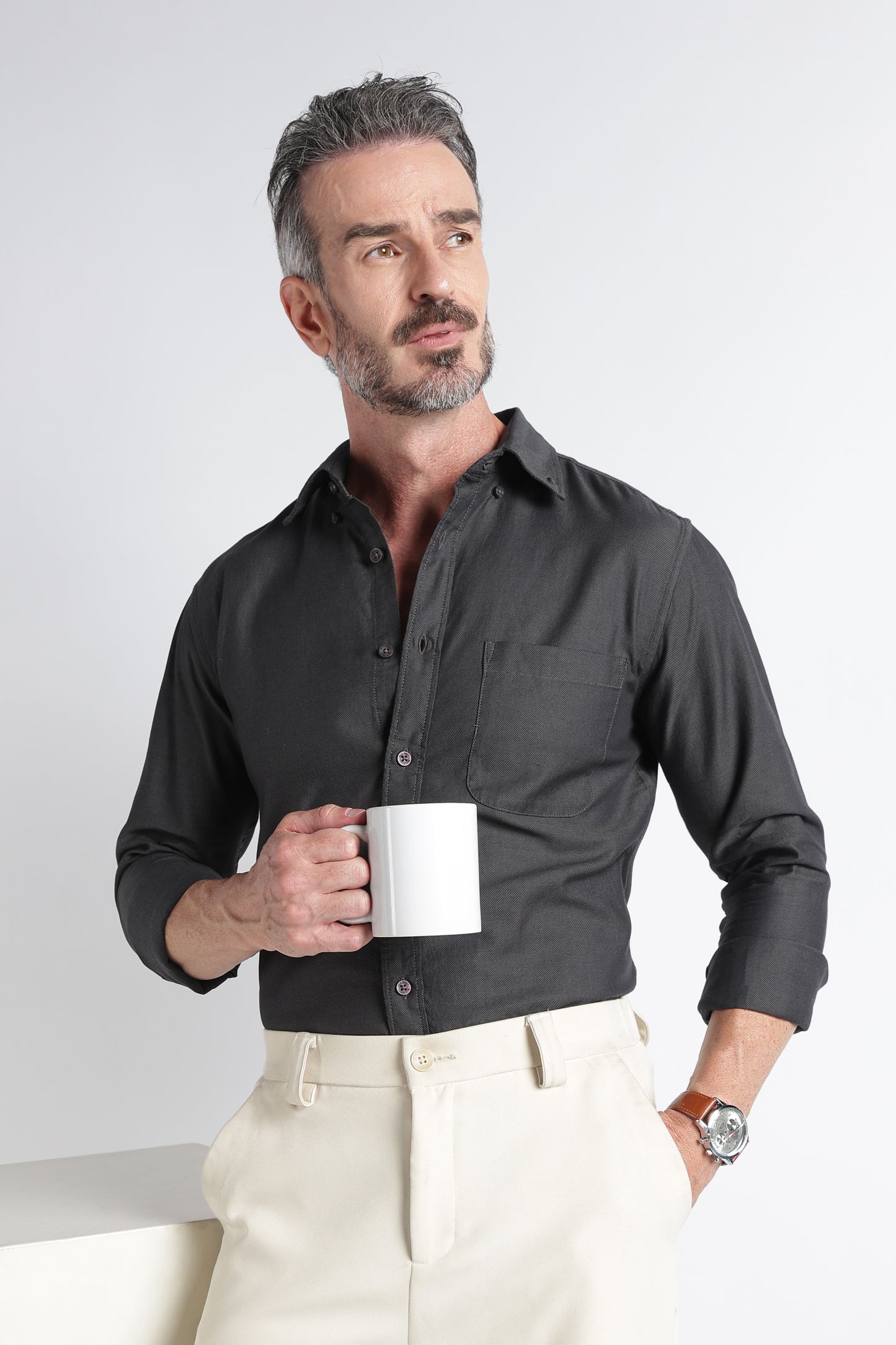 Dark Grey Solid Shirt - Slim Fit Casual