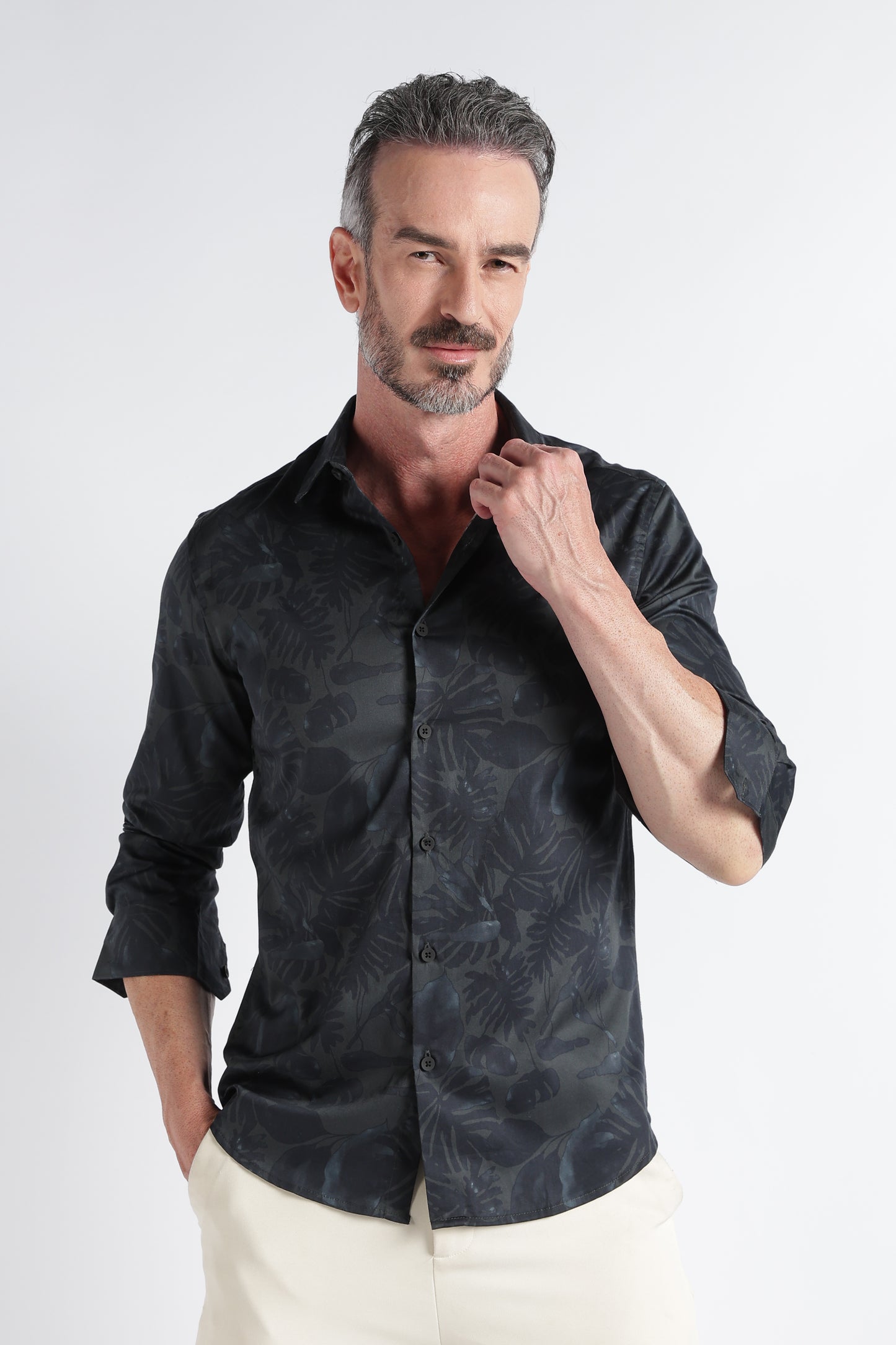 Green Navy Floral Print Shirt - Slim Fit Party Wear