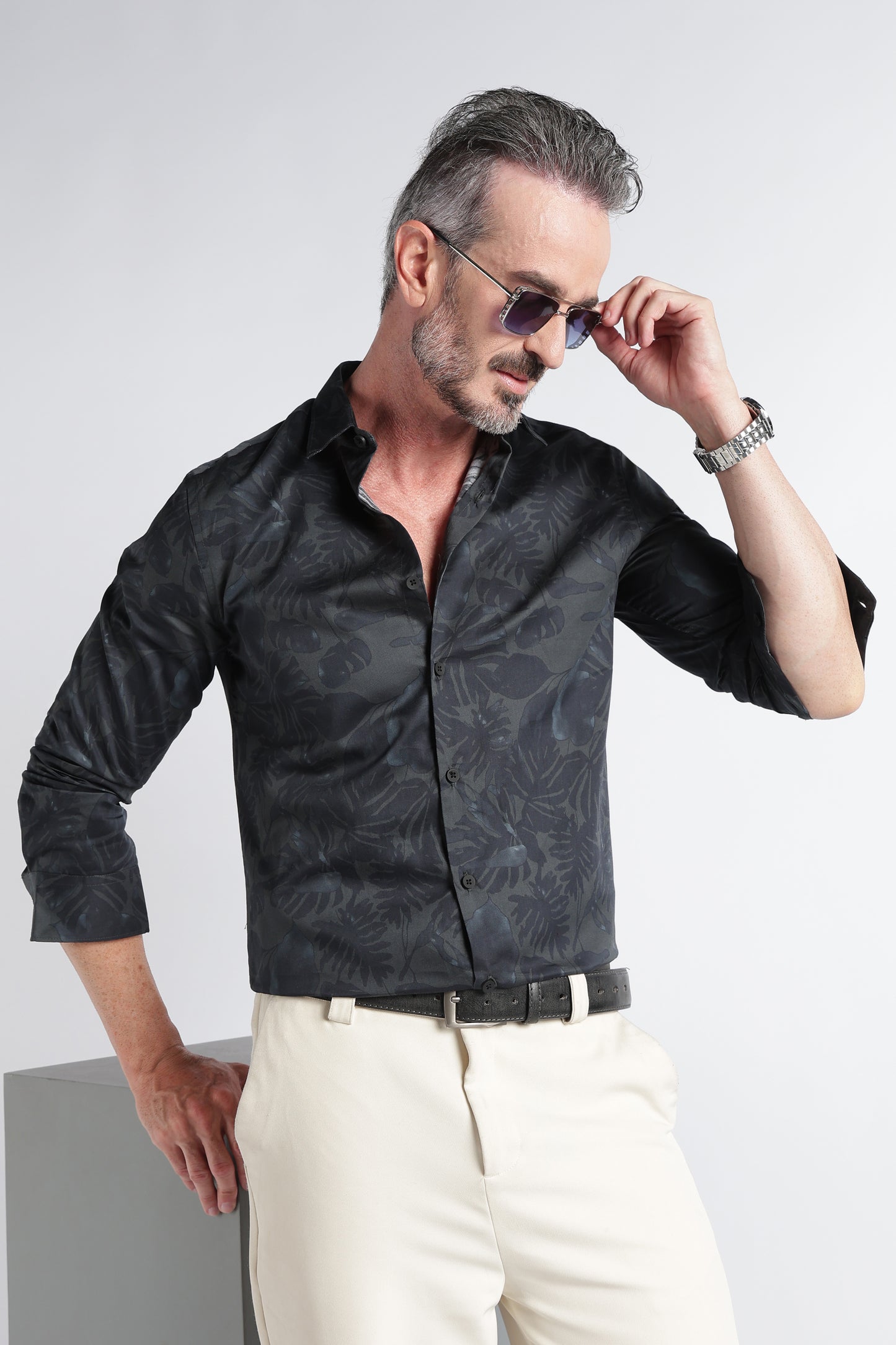 Green Navy Floral Print Shirt - Slim Fit Party Wear