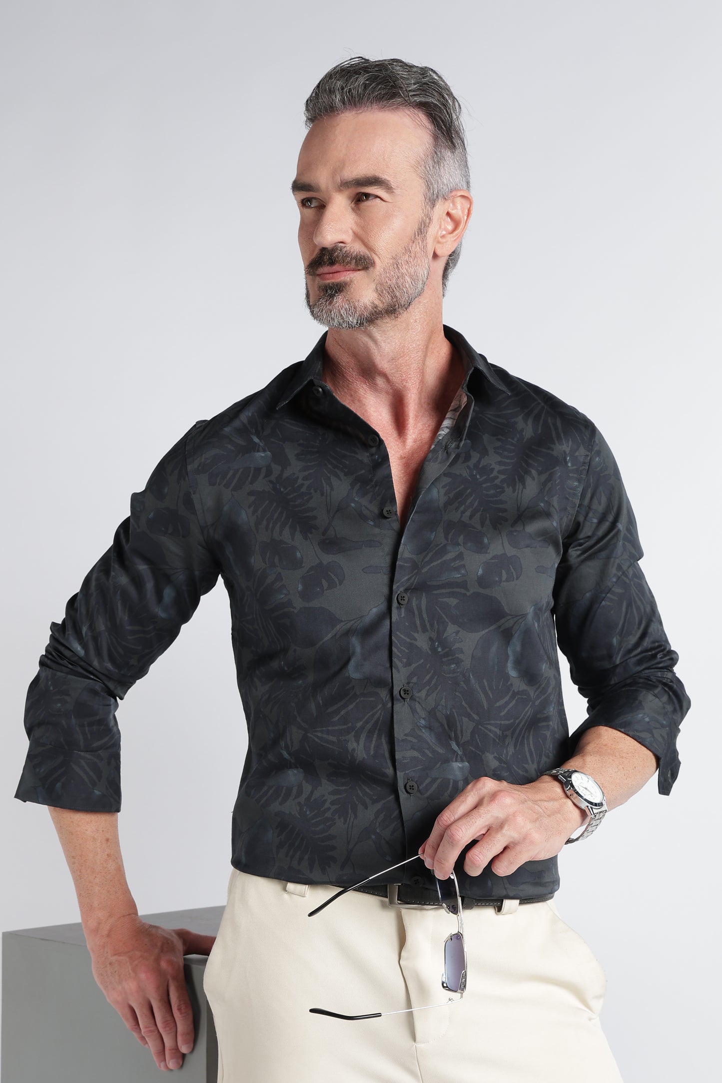 Green Navy Floral Print Shirt - Slim Fit Party Wear