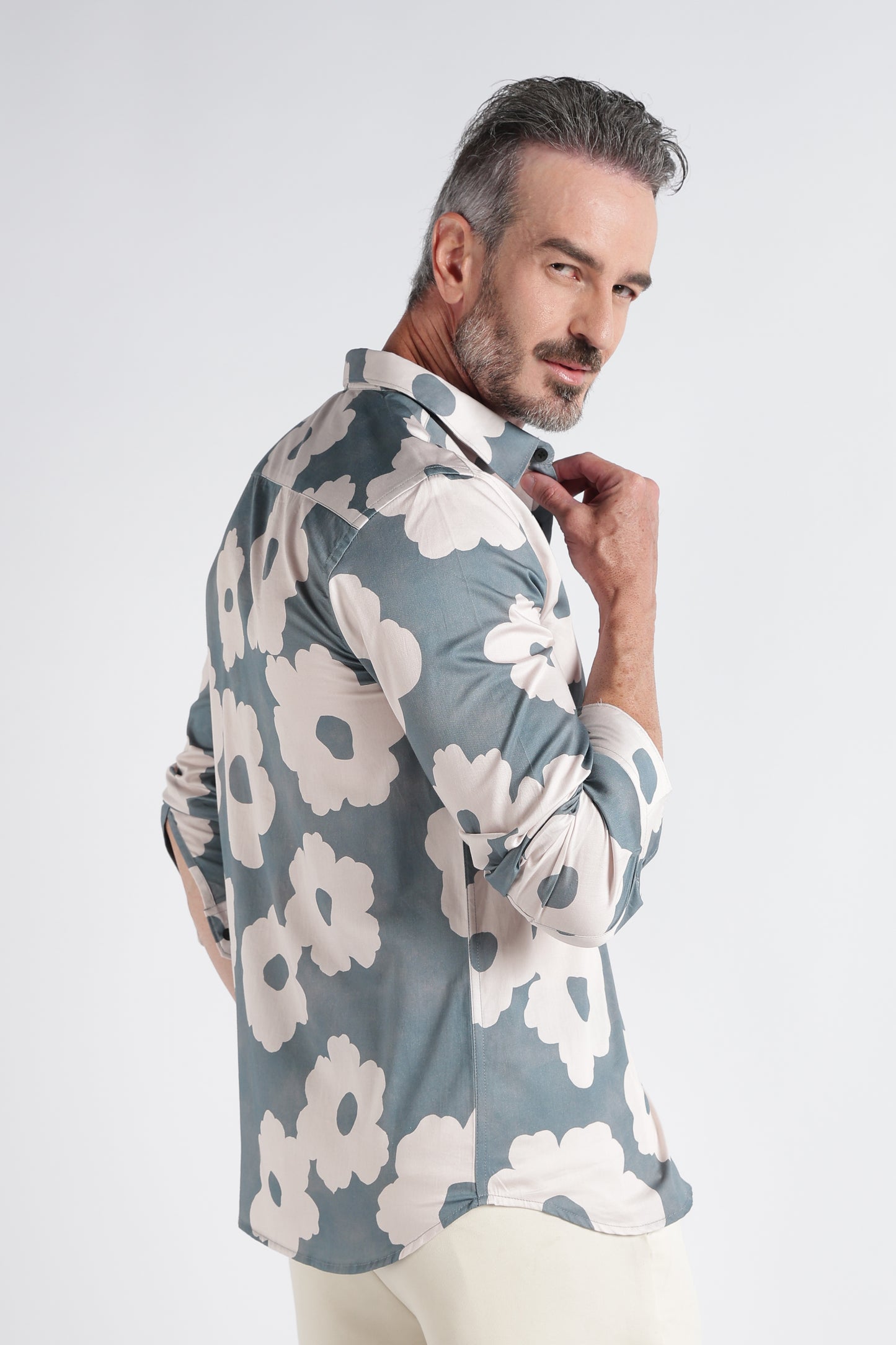 Olive Beige Floral Print Shirt - Slim Fit Party Wear