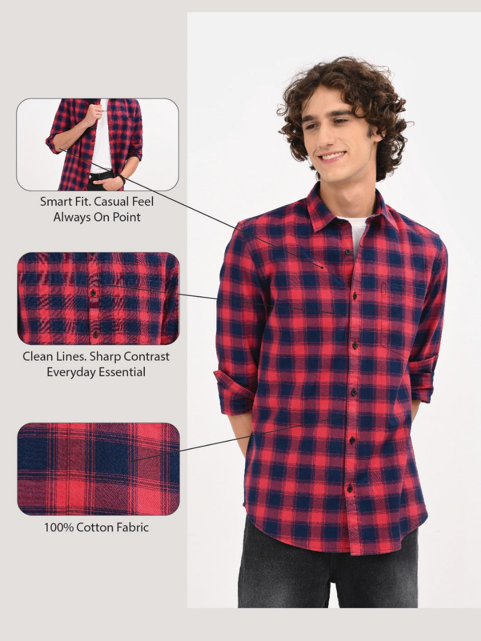 Indigo-Dyed 100% Cotton Check Shirt Maroon