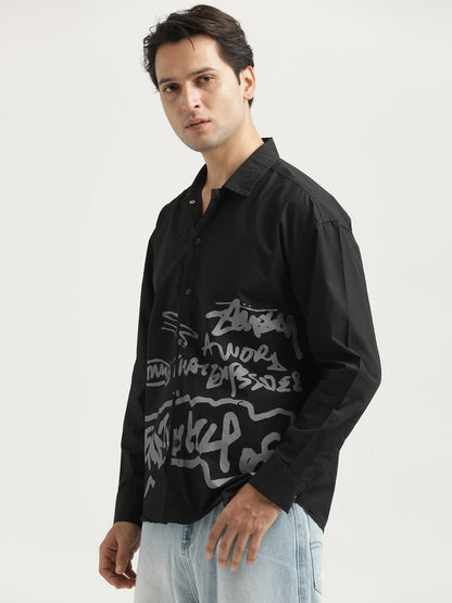 Oversized Cotton Shirt – Scribble Statement Black