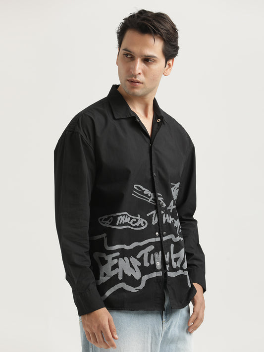Oversized Cotton Shirt – Scribble Statement Black