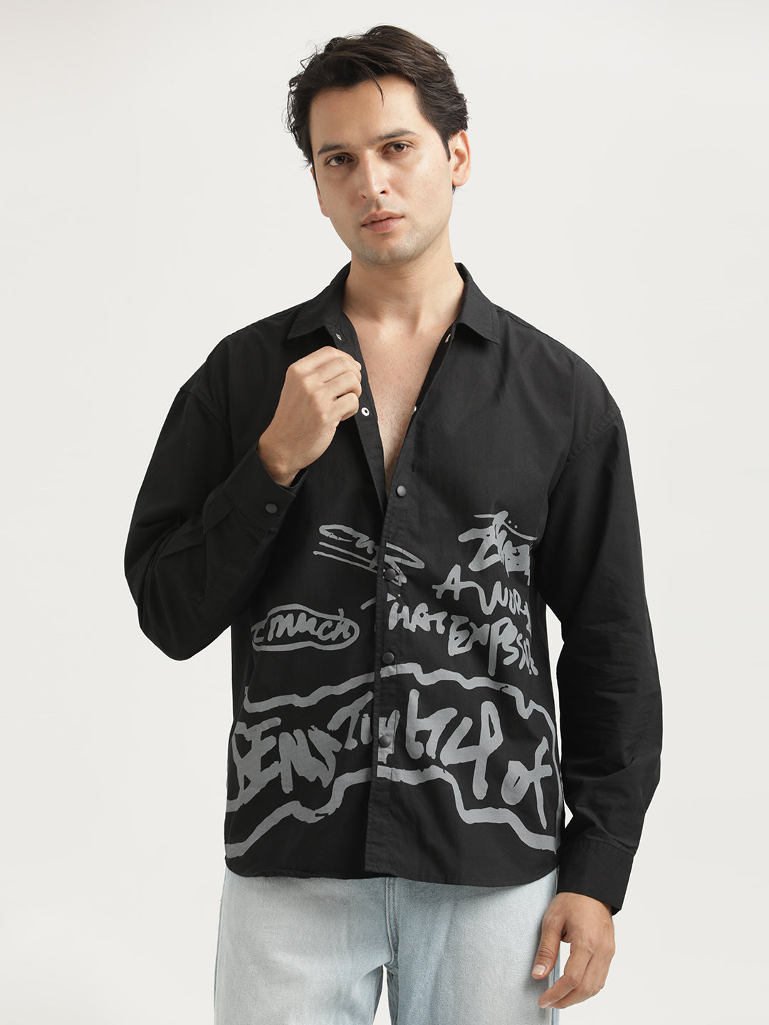 Oversized Cotton Shirt – Scribble Statement Black