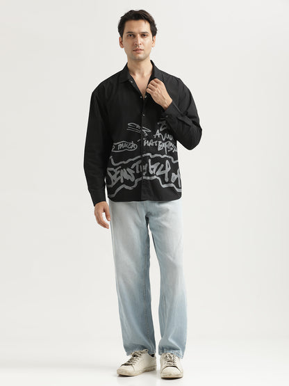 Oversized Cotton Shirt – Scribble Statement Black