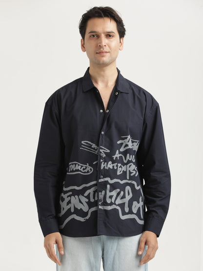 Oversized Cotton Shirt – Scribble Statement Navy