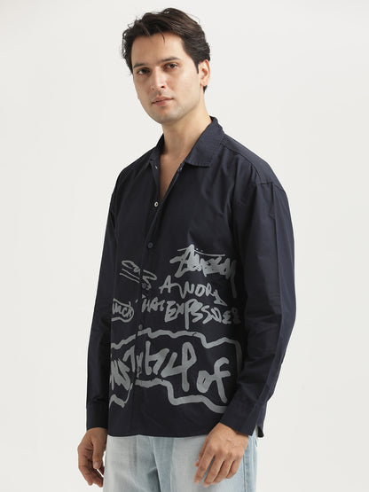 Oversized Cotton Shirt – Scribble Statement Navy