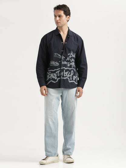 Oversized Cotton Shirt – Scribble Statement Navy