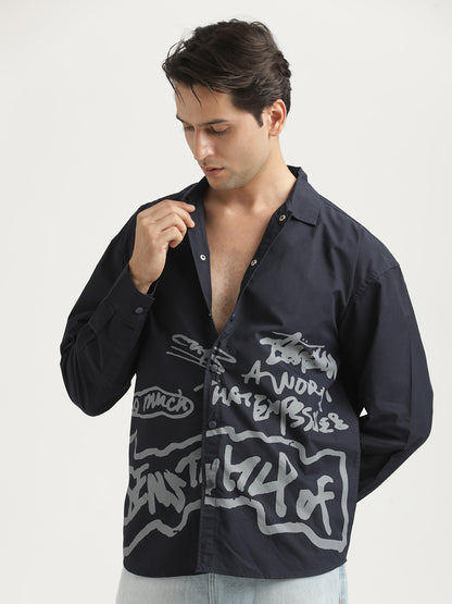 Oversized Cotton Shirt – Scribble Statement Navy
