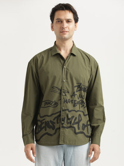 Oversized Cotton Shirt – Scribble Statement Olive