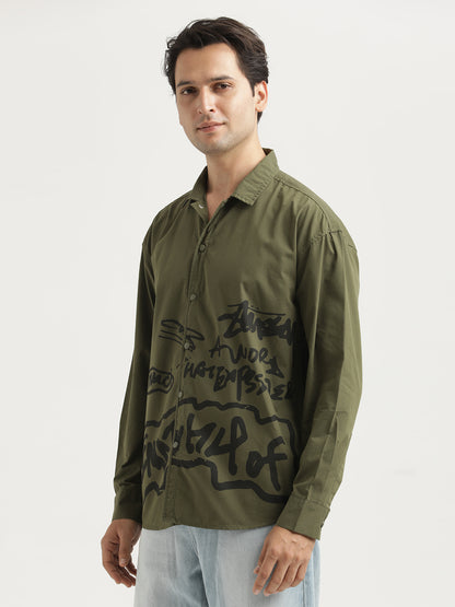 Oversized Cotton Shirt – Scribble Statement Olive