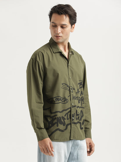 Oversized Cotton Shirt – Scribble Statement Olive