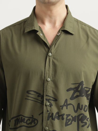 Oversized Cotton Shirt – Scribble Statement Olive