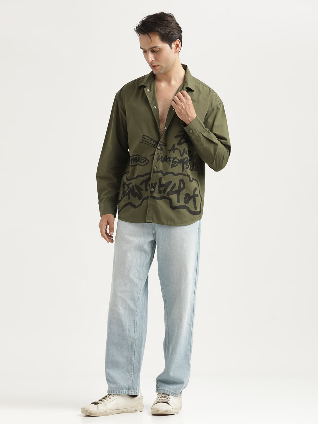 Oversized Cotton Shirt – Scribble Statement Olive