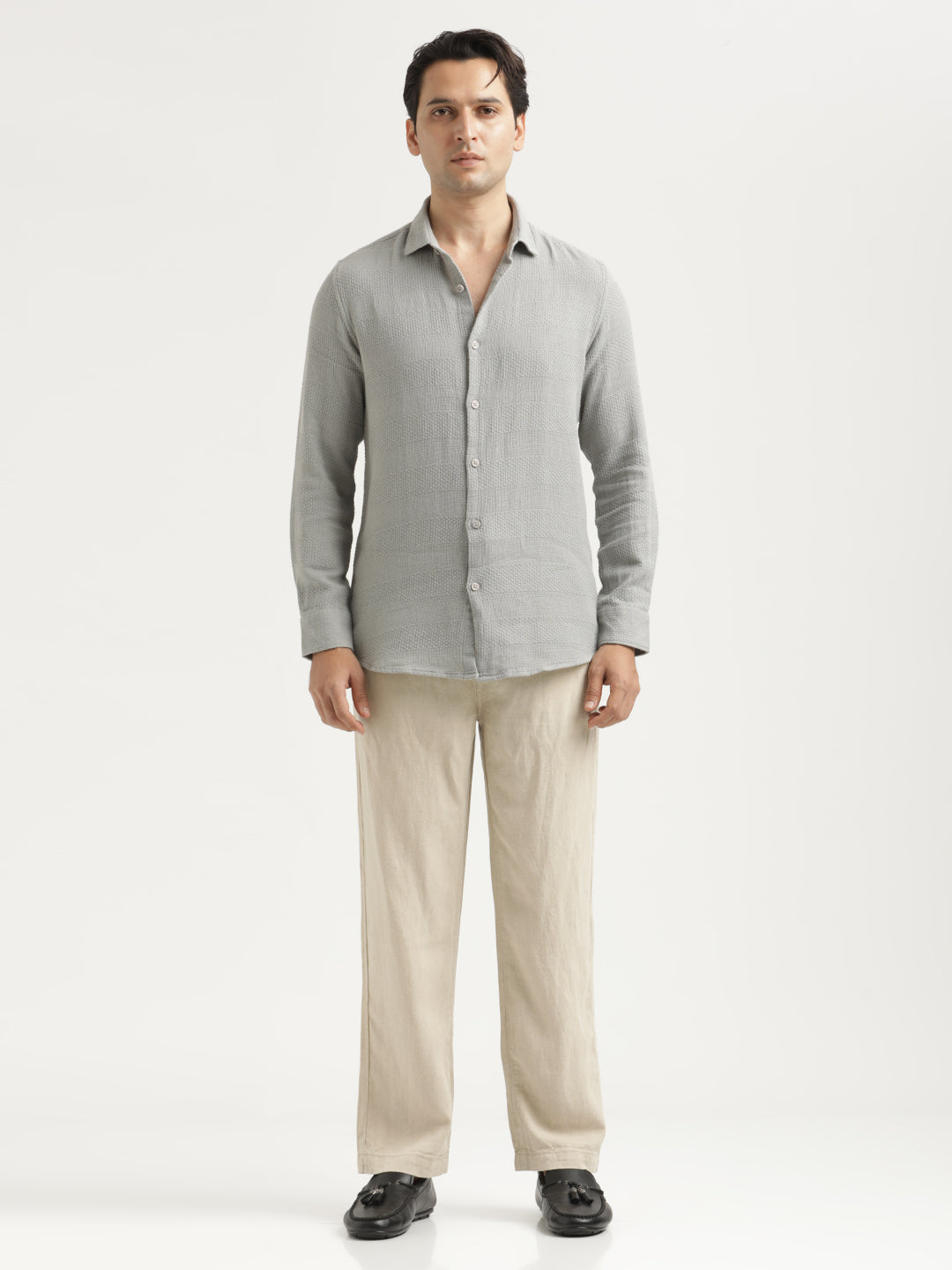 Textured Cotton Slim-Fit Shirt Grey
