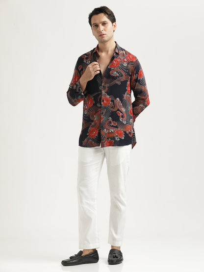 Printed Viscose Shirt Navy