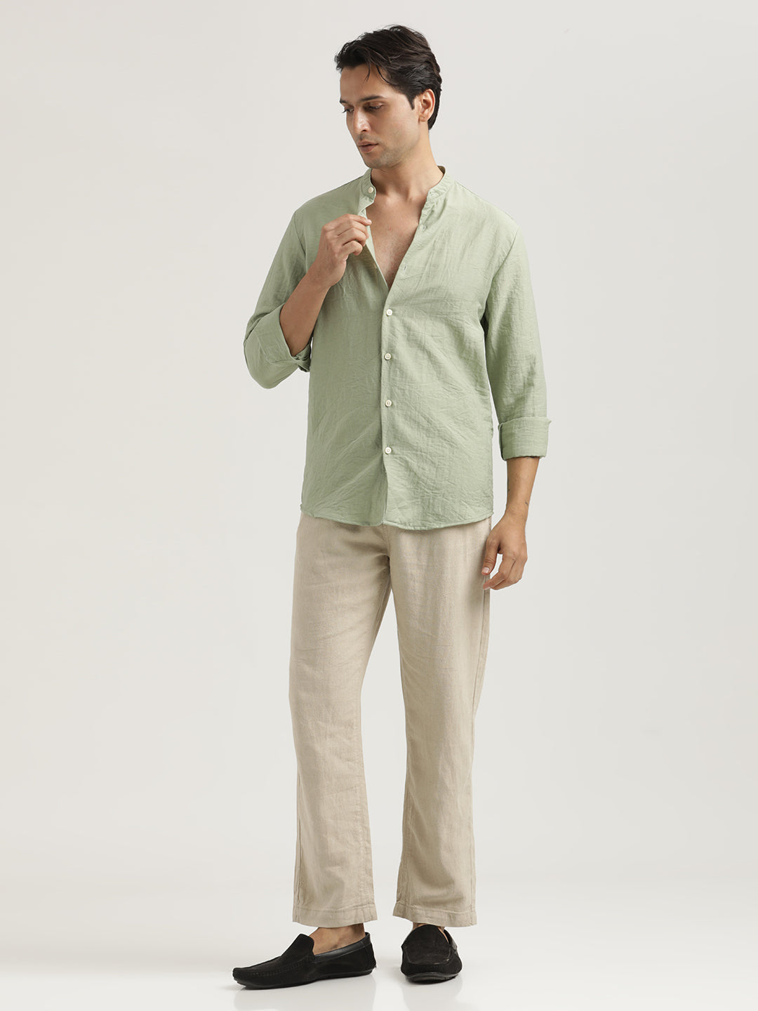 Mandarin Collar Nylon Shirt Green