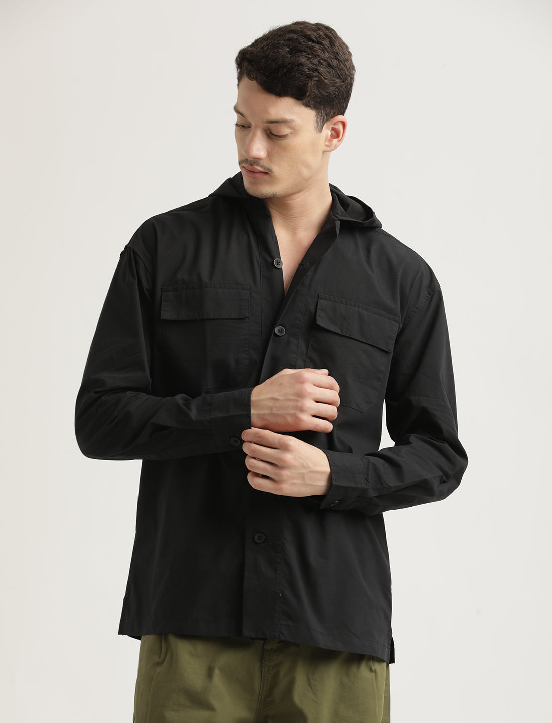 Double Pocket Drop Shoulder Shirt Black