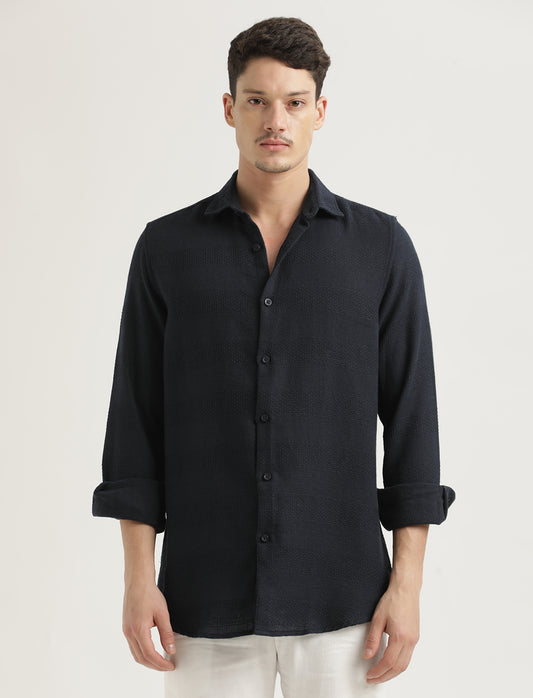 Textured Cotton Slim-Fit Shirt Navy