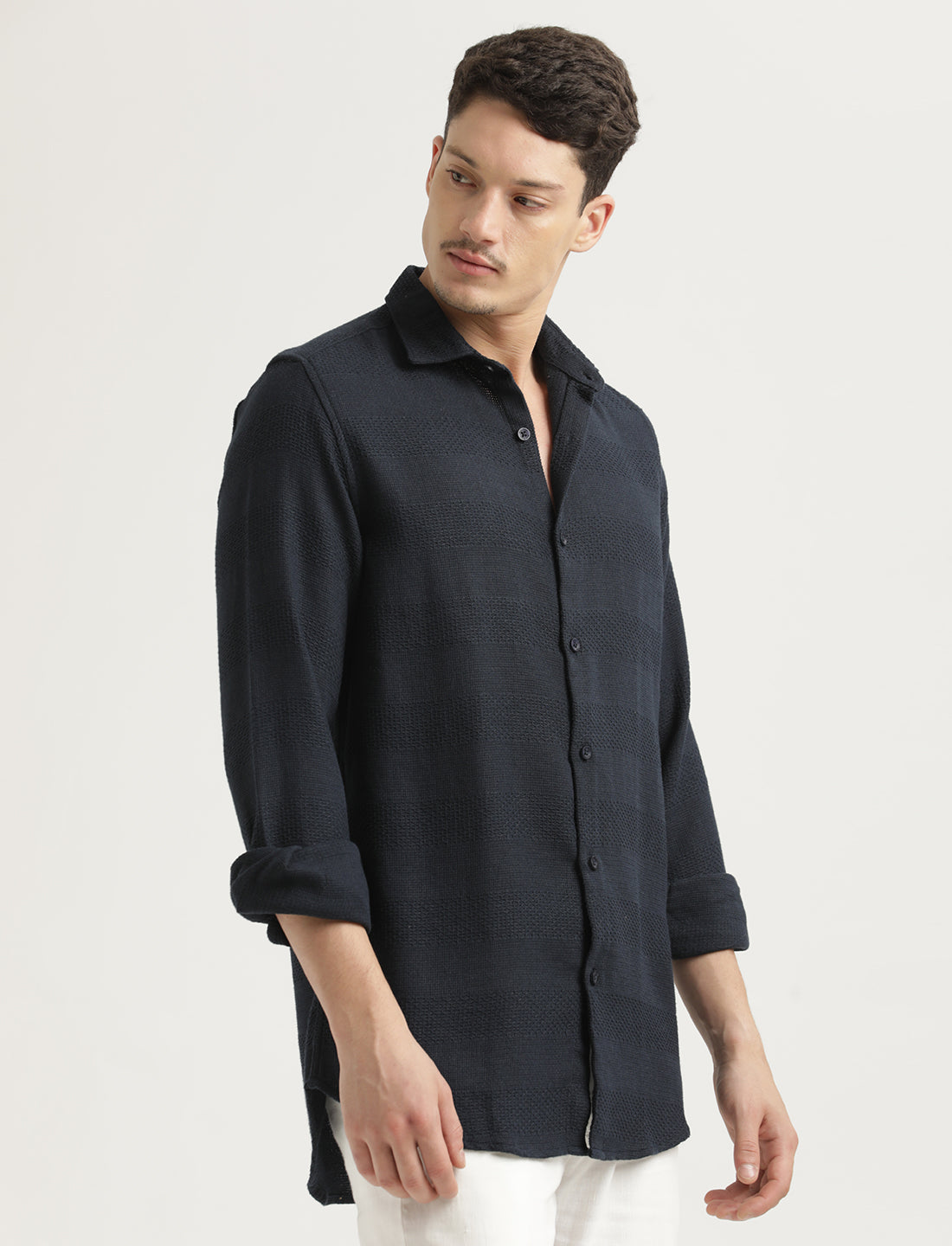 Textured Cotton Slim-Fit Shirt Navy