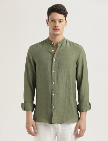 Mandarin Collar Nylon Shirt Olive