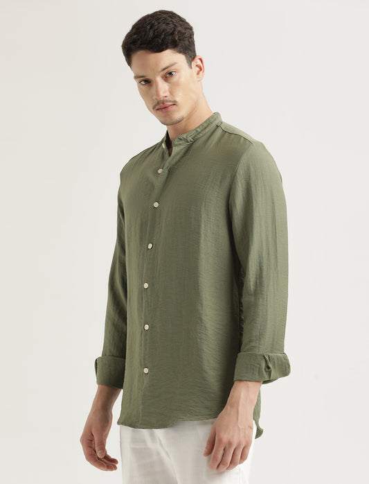 Mandarin Collar Nylon Shirt Olive