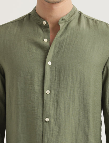 Mandarin Collar Nylon Shirt Olive
