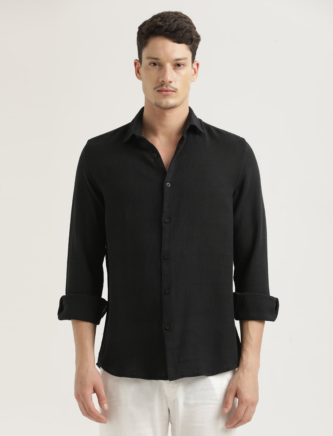 Textured Cotton Slim-Fit Shirt Black
