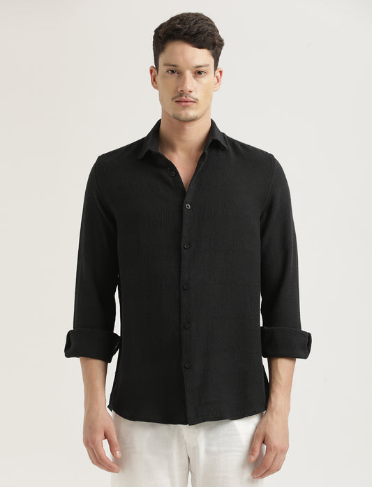 Textured Cotton Slim-Fit Shirt Black