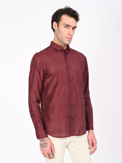 Slim Fit Nylon Self-Design Shirt Red