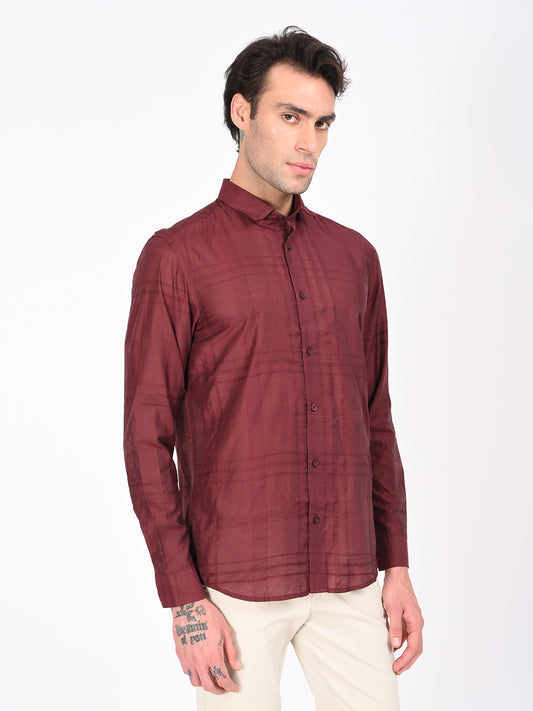 Slim Fit Nylon Self-Design Shirt Red