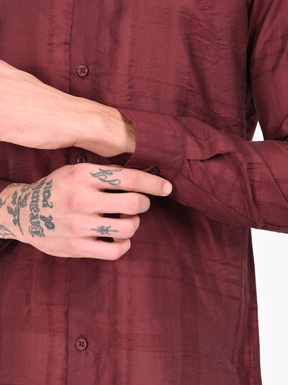 Slim Fit Nylon Self-Design Shirt Red